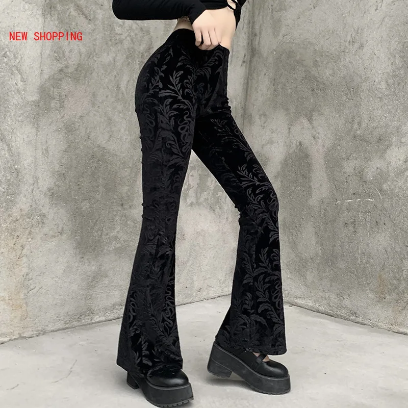 

Mall Goth High Waist Flared Pants Aesthetic Casual Sexy Lace Patchwork Trousers Women Vintage Elegant Velvet Christmas Pants Emo