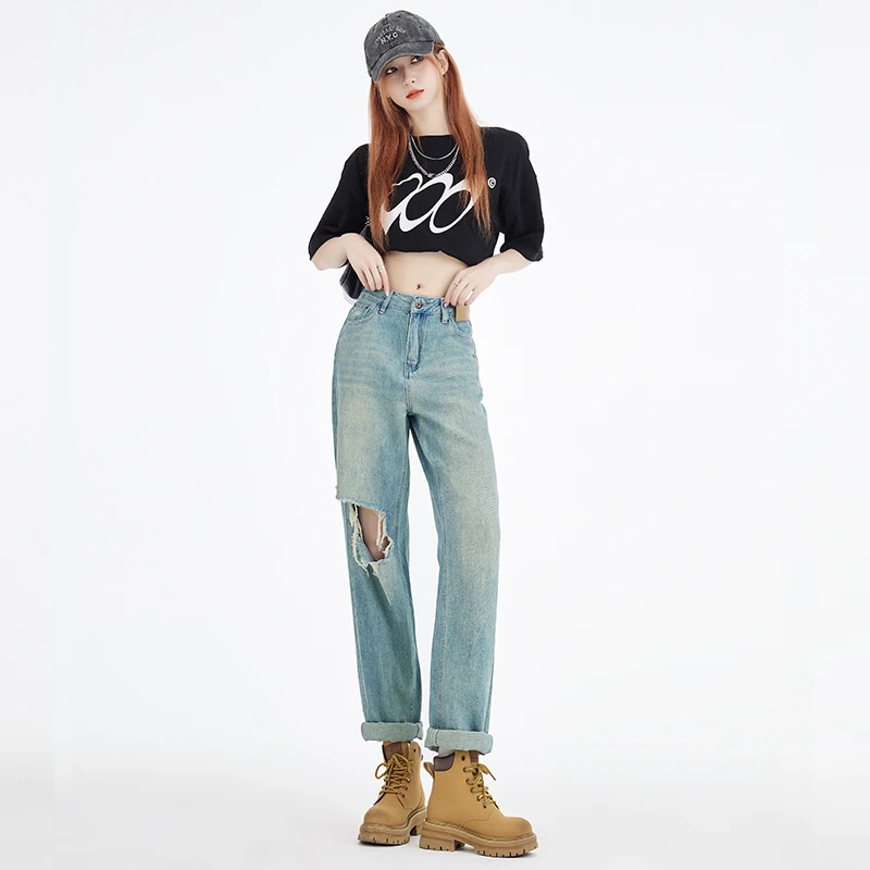 Real time photo of jeans for women in 2023 long pants for autumn and winter commuting retro blue washed holes loose Harlan strai
