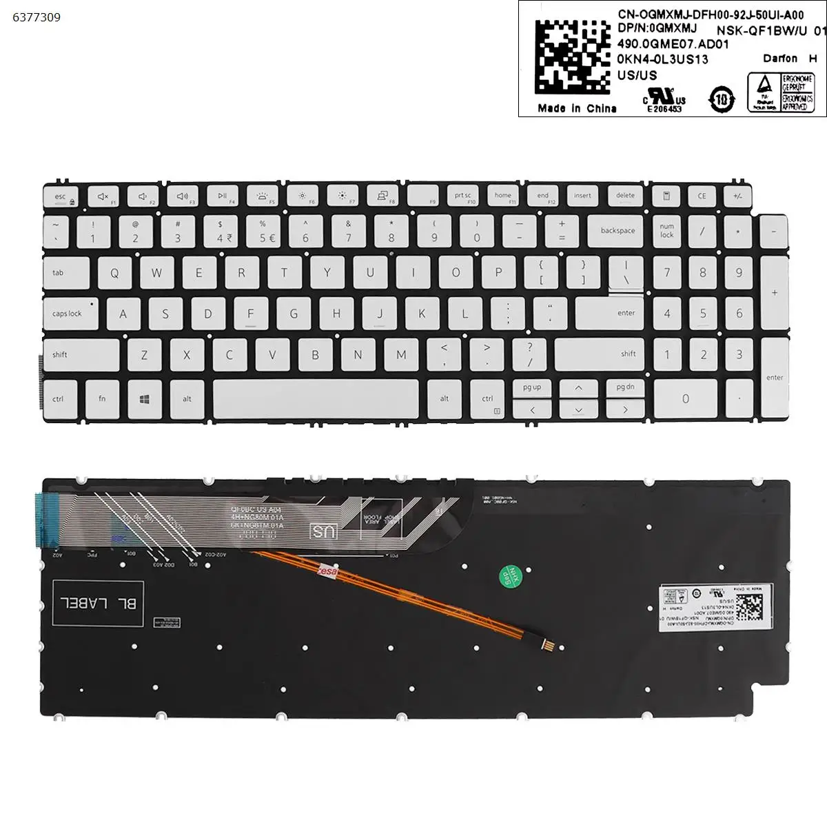 

US Laptop Keyboard for Dell Inspiron 15 7590 5584 5590 5593 5594 5598 SILVER without FRAME Backlit