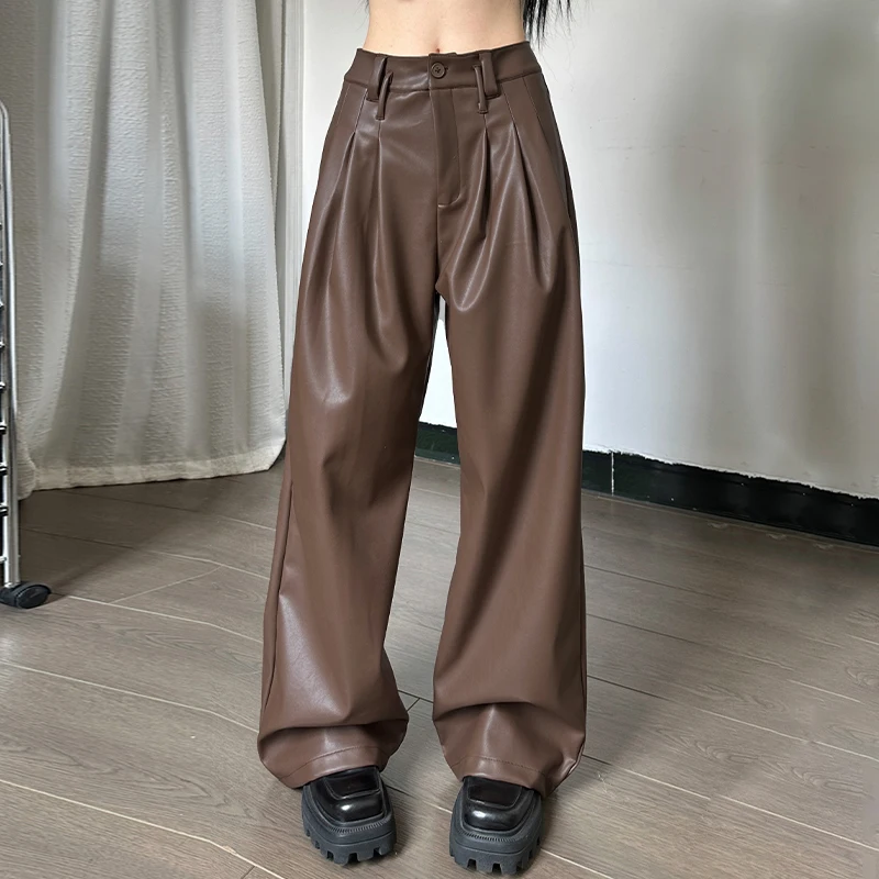 

Lygens из искусственной кожи с рюшами и карманами на пуговицах на молнии широкие брюки 2023 Новинка Y2K однотонная оптовая продажа женская одежда для отпуска