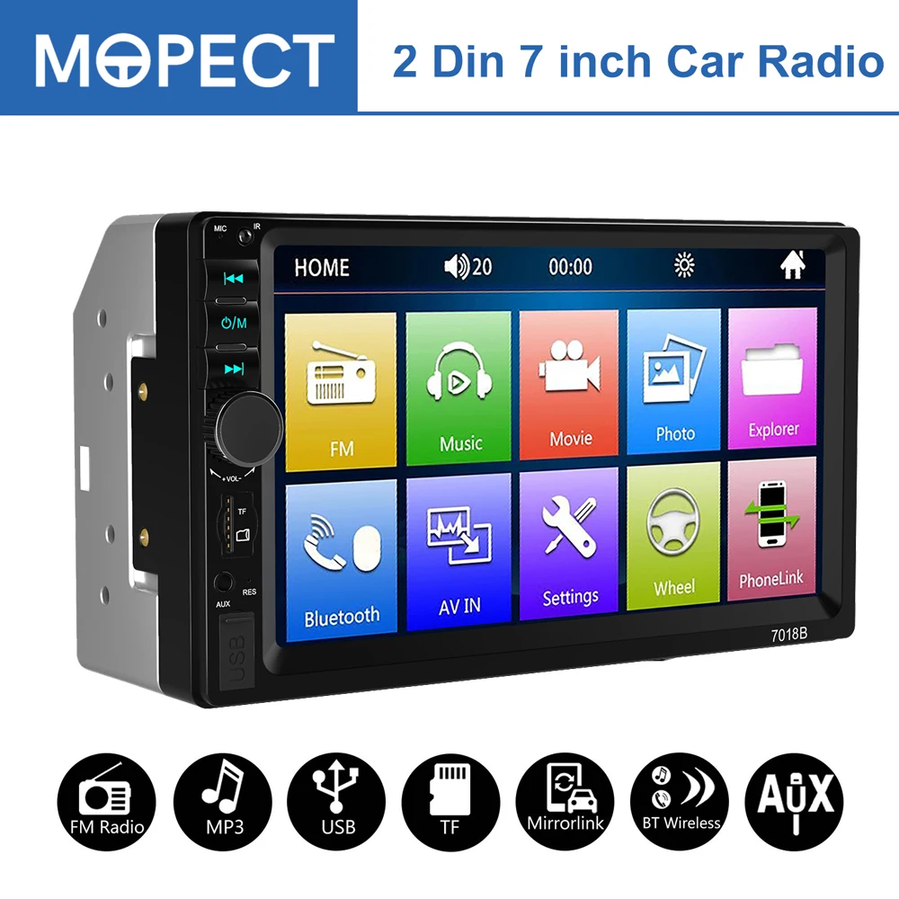 

Автомагнитола MOPECT 2 din, мультимедийный проигрыватель 7 дюймов с сенсорным HD-экраном, автомагнитола с поддержкой MP5, Bluetooth, USB, TF, FM, видео