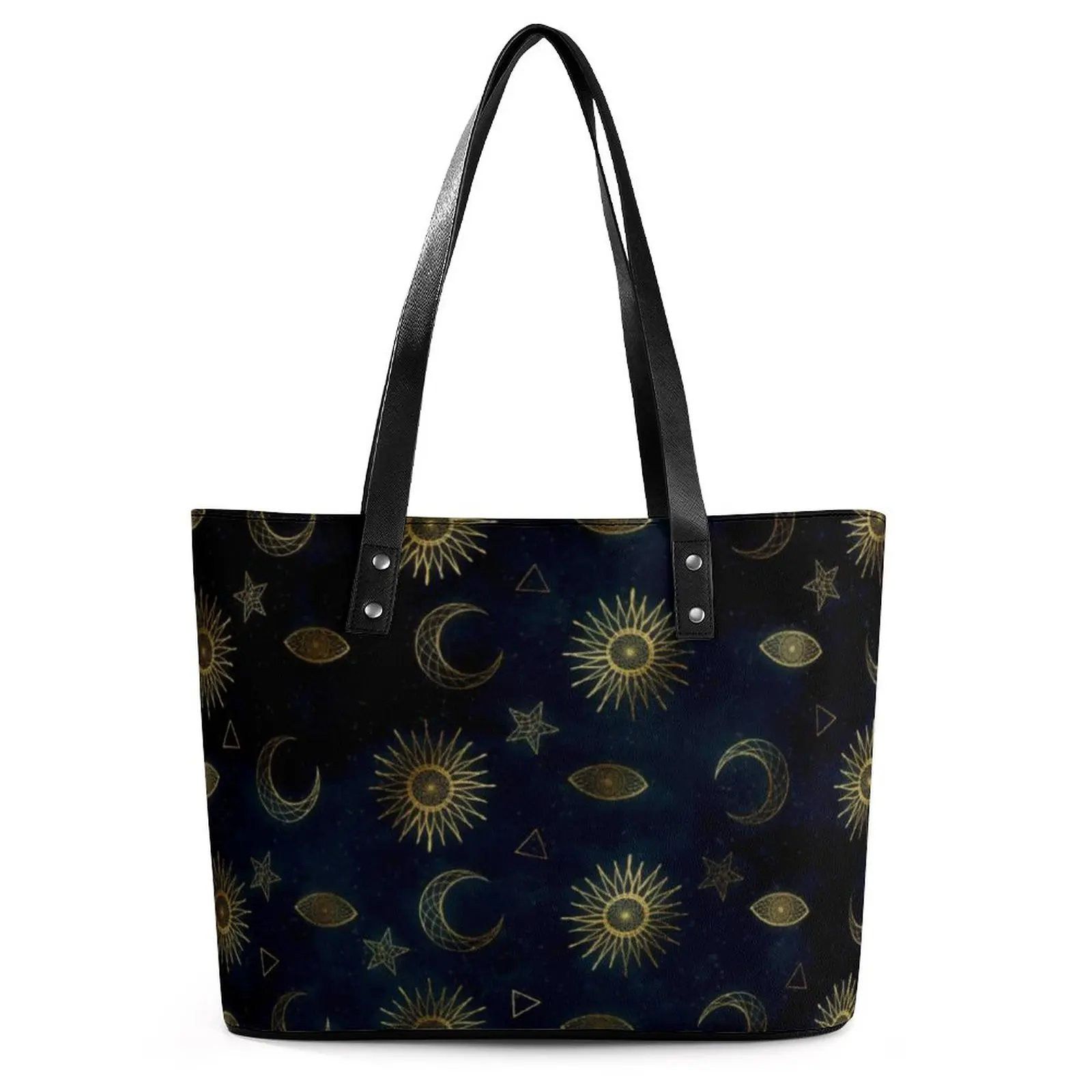 

Magical Symbol Handbags Gold Moon Sun Stars Travel Tote Bag Women Funny Shoulder Bag Graphic Pocket PU Leather Shopping Bags