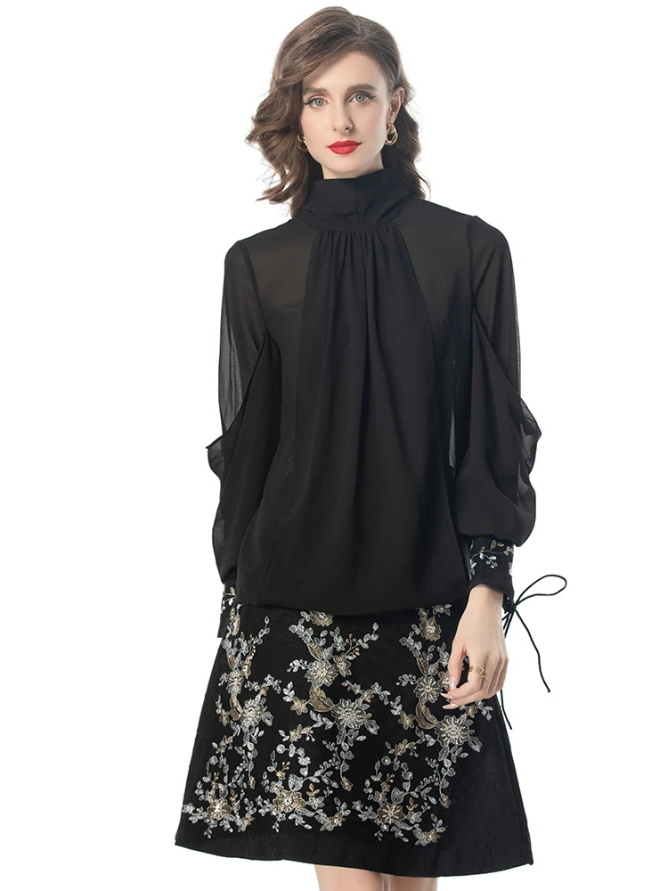 Летний костюм DLDENGHAN с вышивкой блестками женские топы воротником-стойкой и