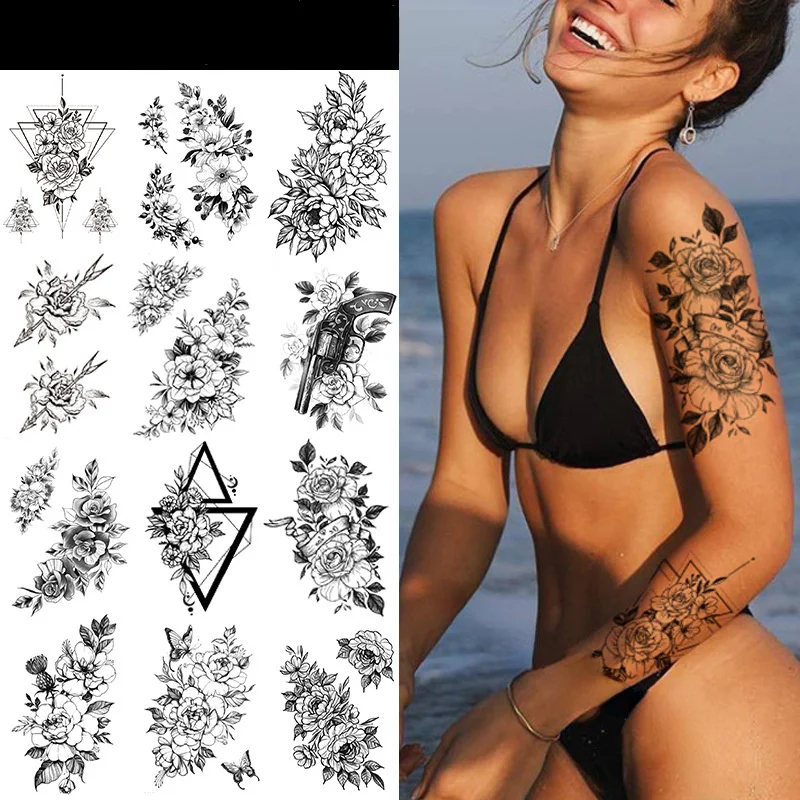 

1 Pcs Sexy Waterproof Temporary Tattoos Sticker for Women 3d Black Flower Lines Fake Tattoos Arm Hands Body Art Neck Leg Tattoo