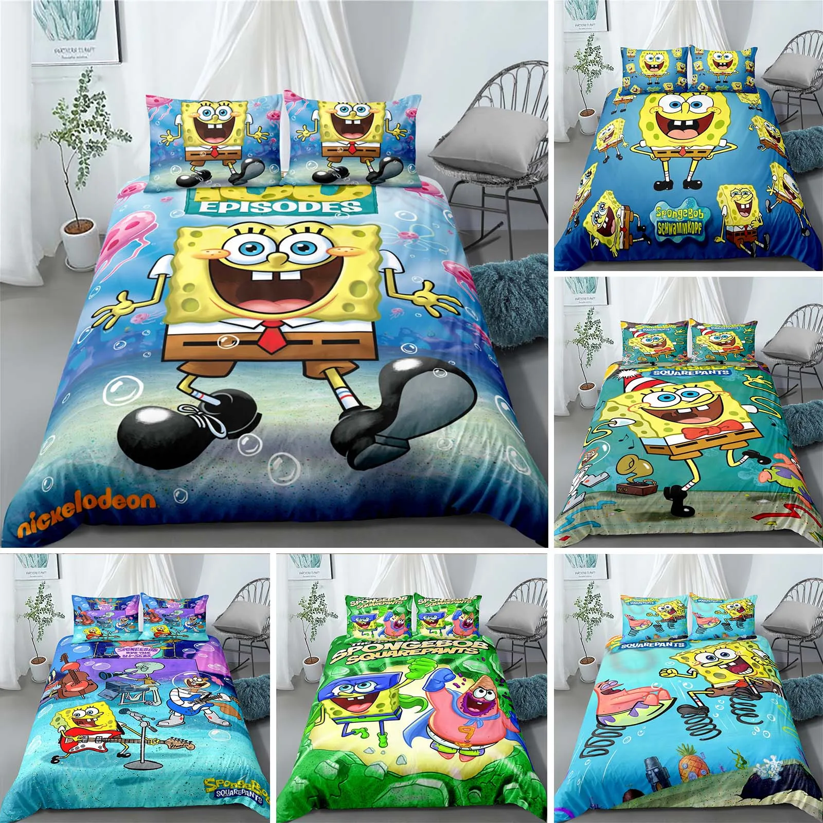 

Funny Piestars and Sponge Bobs Duvet Cover Pillowcase Bedding Set Single Twin Full Size for Kids Adults Bedroom Decor