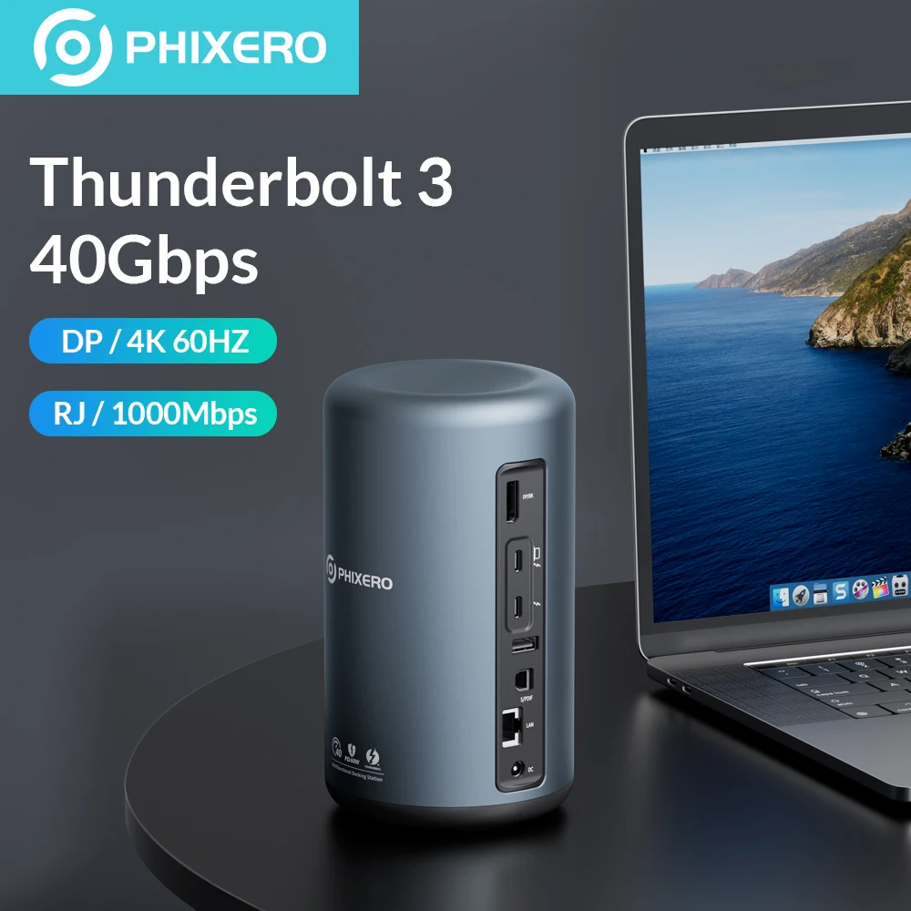 

PHIXERO Thunderbolt 3 USB C HUB 40Gbps Docking Station USB 3.1 Type C Adapter to 4K HD PD 60W Card Reader SD/TF RJ45 for Macbook