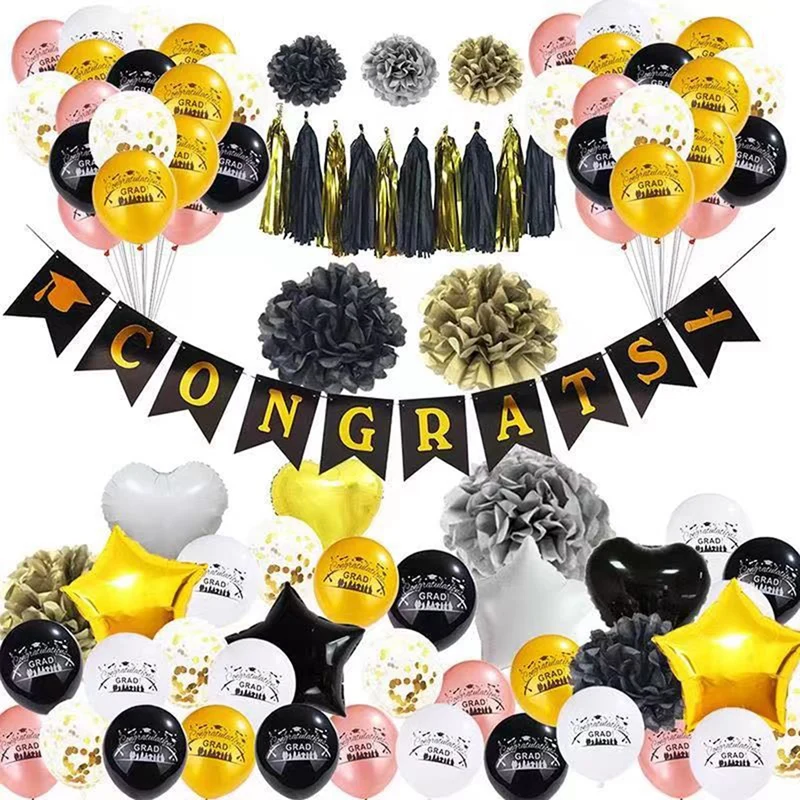 

50 PCS Balloon Kit Congrats Graduation Ceremony Balloon Decor Black Gold Flag Balloon Kit For Graduation Party Supplies