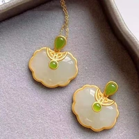 womens retro safety lock buckle gold plated necklaces inlaid with greenwhite jade stone pendant necklace amulet jewelry d958