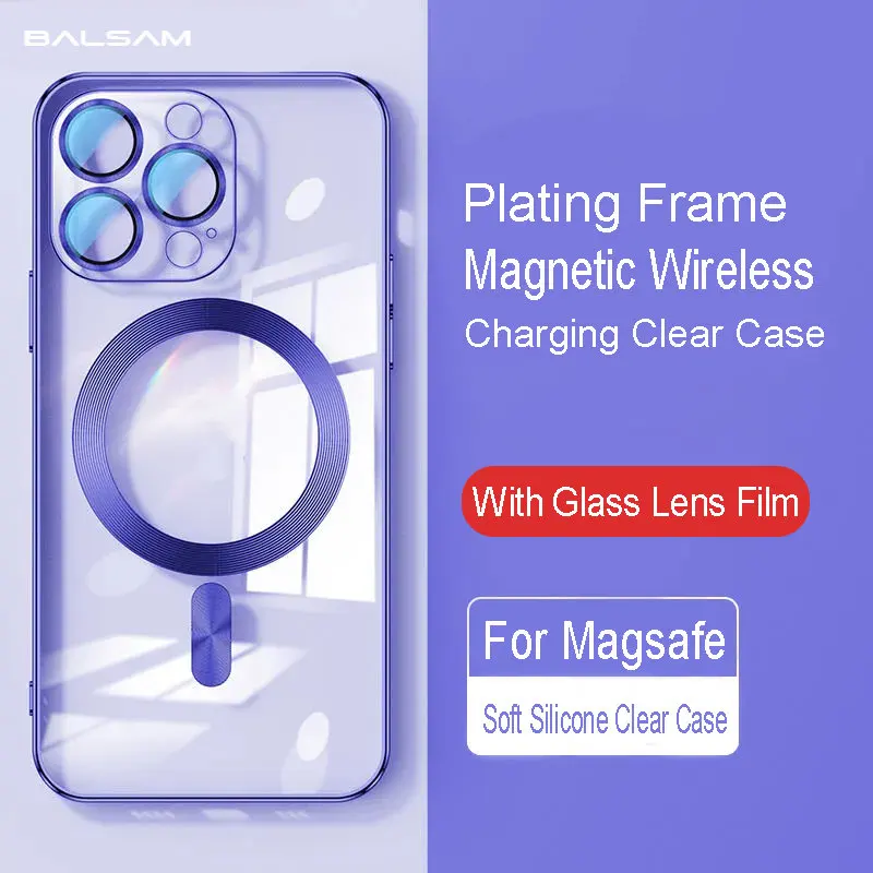 

Luxury Plating Clear Magnetic For Magsafe Wireless Charge Case For iPhone 14 13 12 Pro Max 14Plus Soft Silicone Glass Lens Cover