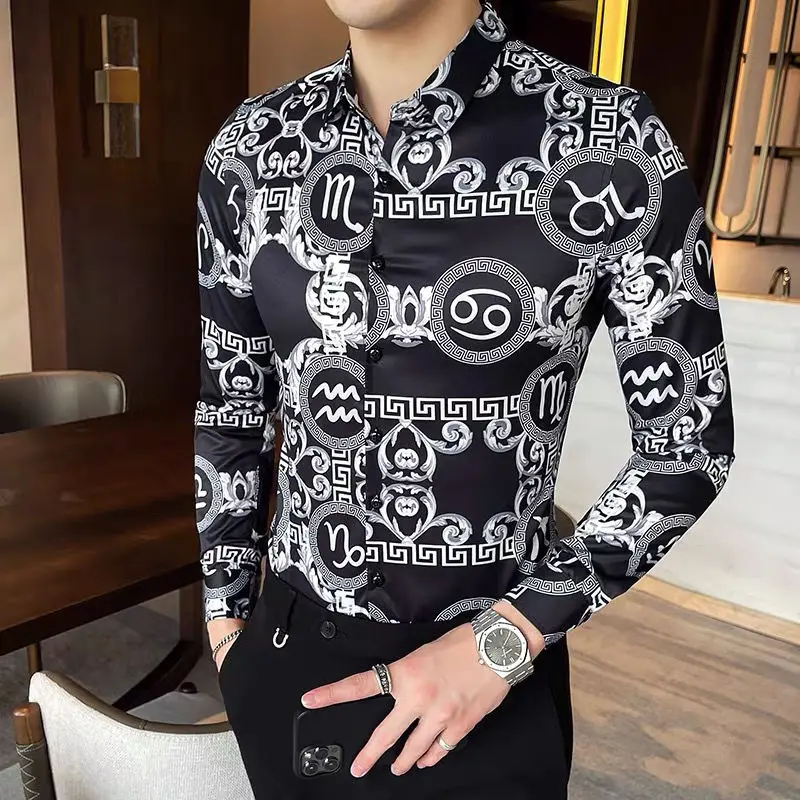 Spring and autumn new printed shirt men's long sleeve Korean slim trend flower shirt casual geometry handsome coat
