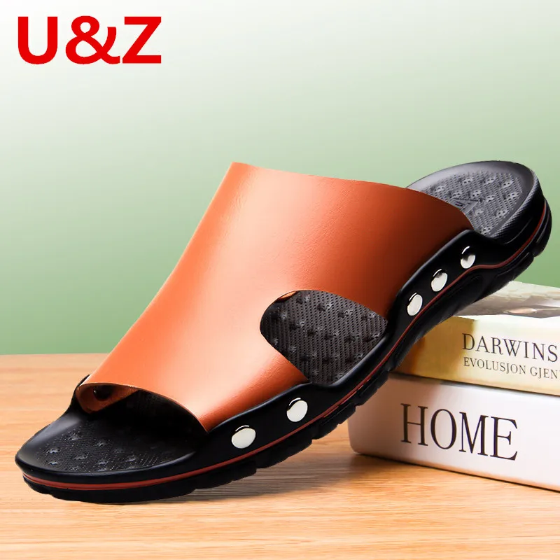 

Navy/Black Men Slippers Genuine Calf Leather Outdoor,New York Fashion Male Beach Shoes Men's casual Sandals Plus Size Big Small