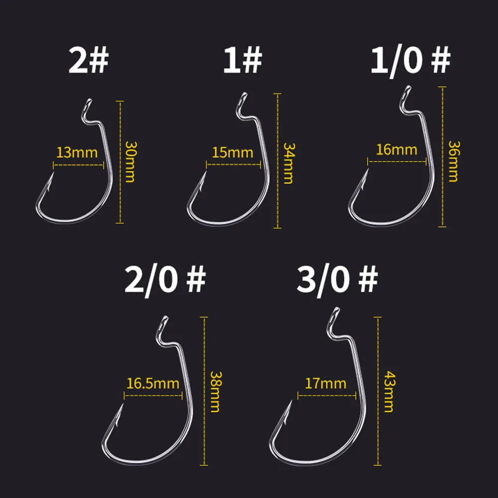 

50pc Carbon Steel Wide Crank Fishing Hook Set For Soft Worm Lure Barbed Hook 2# 1# 1/0# 2/0# 3/0# Fishhook With Hook Tip Pesca