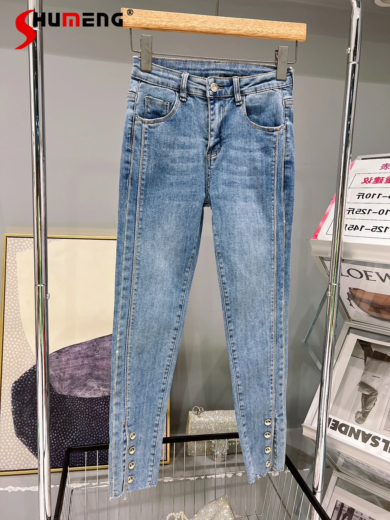 

Heavy Embroidery Hot Drilling Blue Jeans Women High Waist Elastic Slimming Pencil Denim Trousers 2022 New Summer Cropped Pants