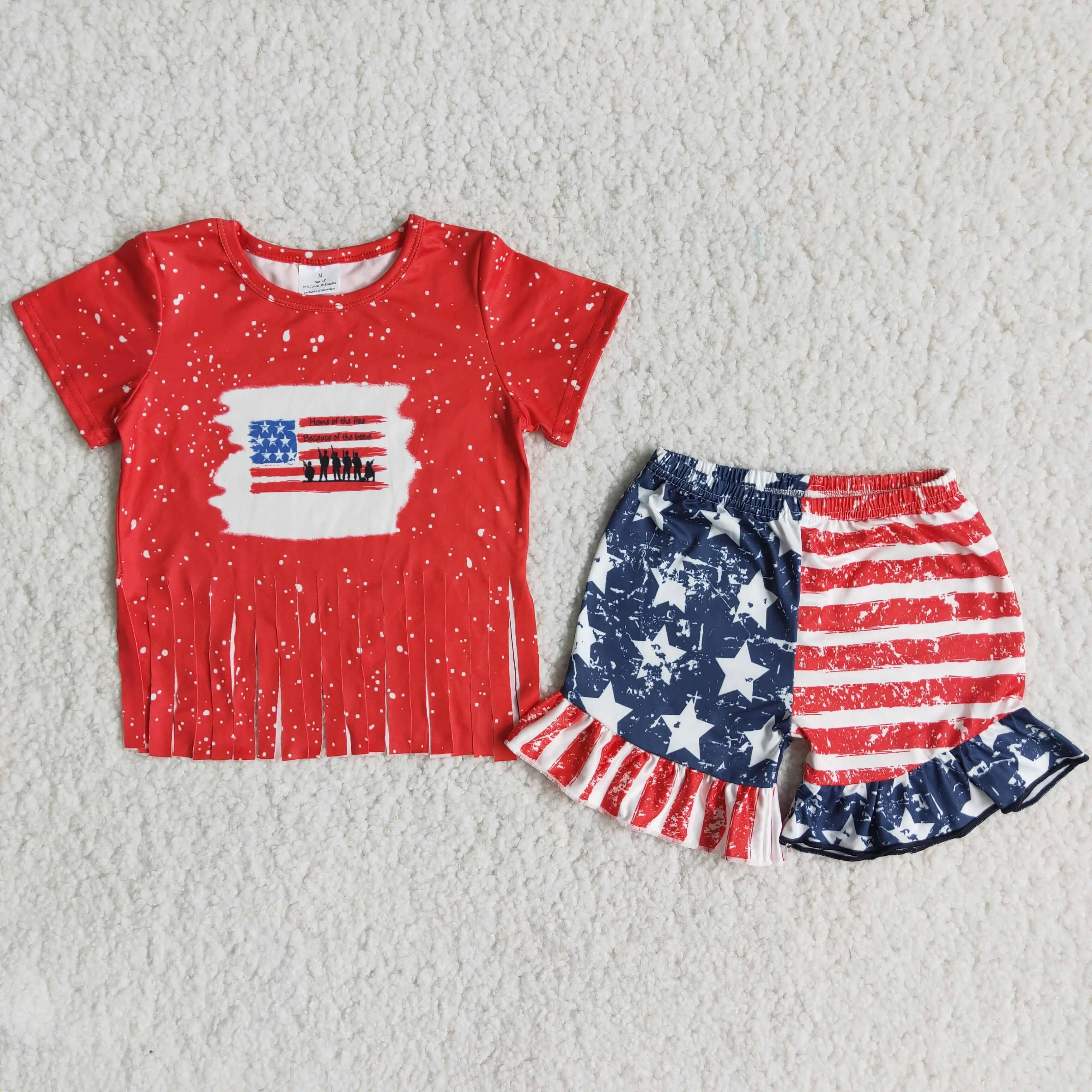 

4th of july stars stripes flag new design kids clothing summer short sleeve tassel top ruffle shorts fashion girl clothes