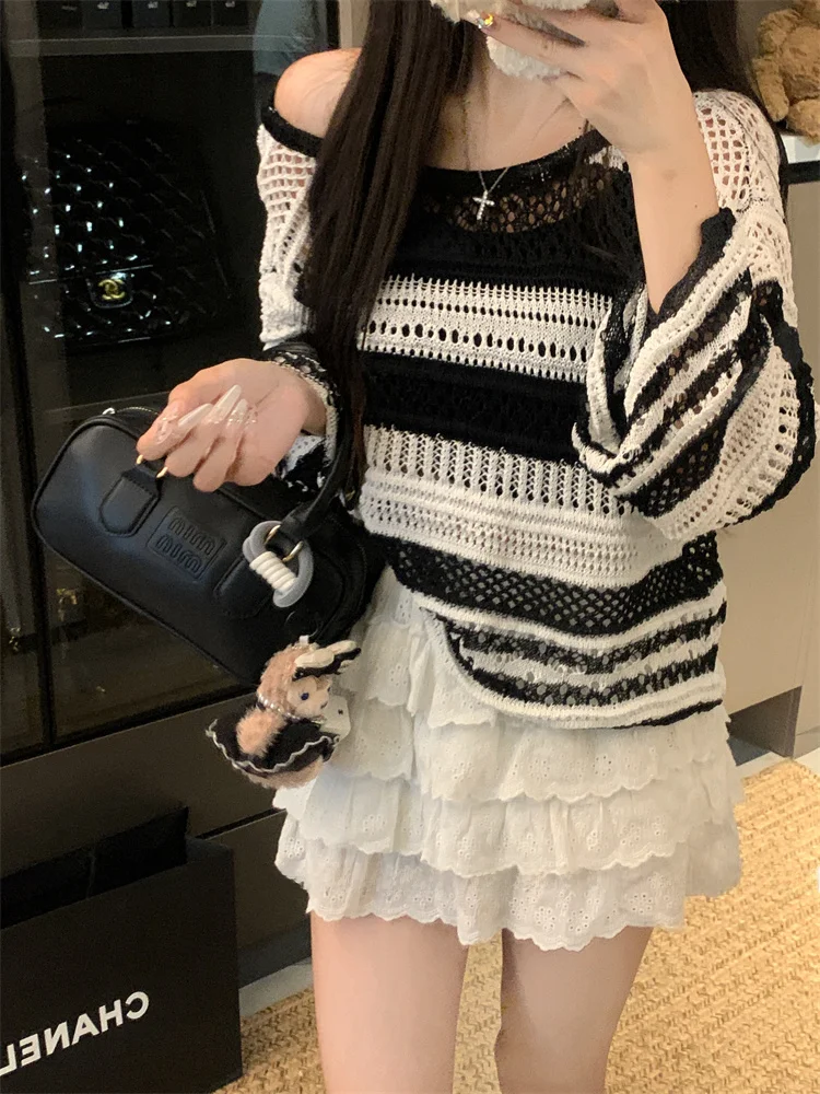 Полосатая блузка с защитой от солнца из вискозы вязаная для кондиционера женский