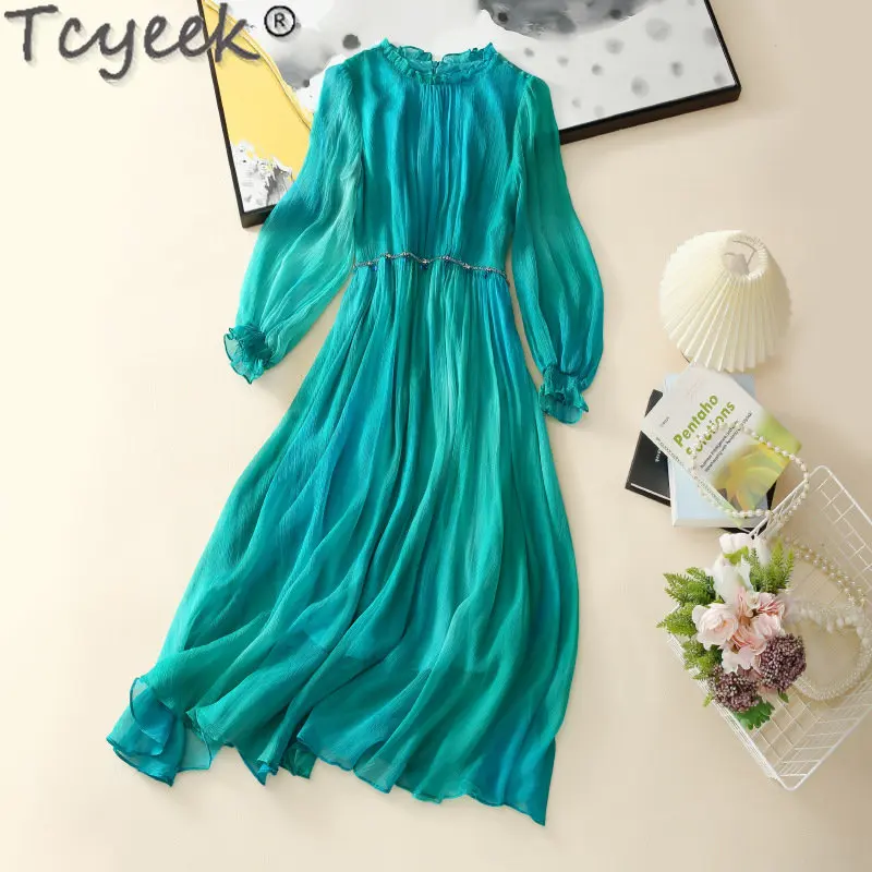 Tcyeek High-end 100% Mulberry Silk Dresses Chic and Elegant Woman Dress 2023 Spring Summer Clothes Long Sleeve Vestido Mujer LM