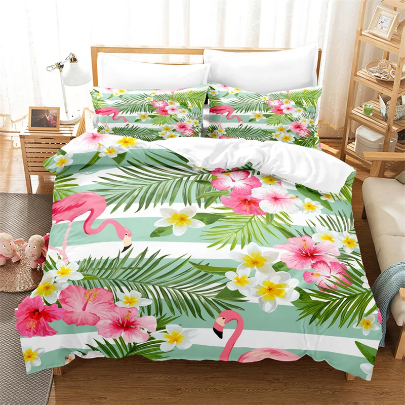 

Flamingo Duvet Cover Microfiber Palm Leaves Flower Bedding Set Hawaiian Islands Tropical Floral Quilt Cover King For Girls Teens