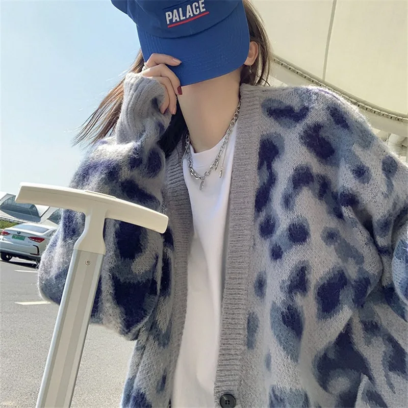 

Retro Leopard Print Knitted Cardigan Women's 2022 New Outer Wear Loose and Lazy College Style Sweater Coat Women