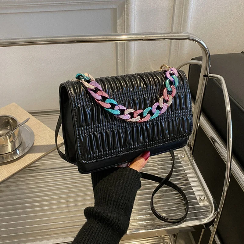 

Fashion Pleated Crossbody Bags For Women Chain Decoration Ladies Handbags Flap Shoulder Bag Casual Women's Bags