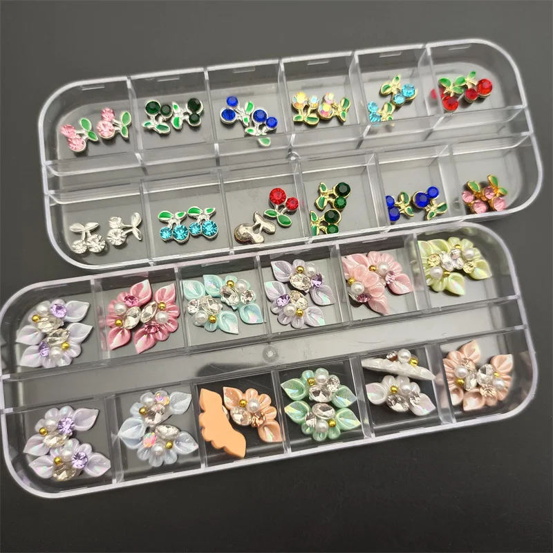 

24/12pcs Mixed Crystal Rhinestones Cherry Nail Art Decorations 3D Alloy Resin Nail Diamond Charms DIY Accessories Parts Manicure