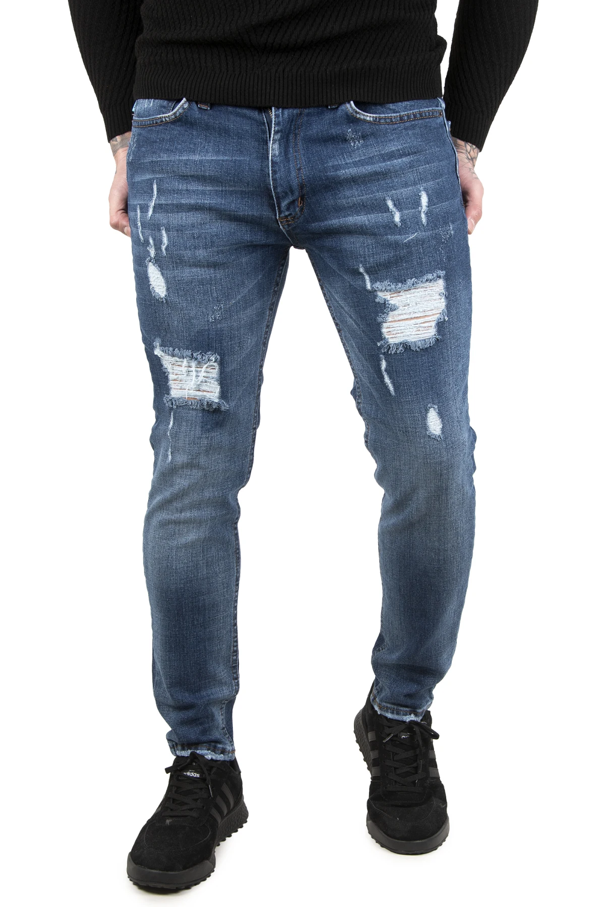 DeepSEA Taşlamalı Yırtıklı Laser Cut Slim Fit Men 'S Jeans Pants 2200101