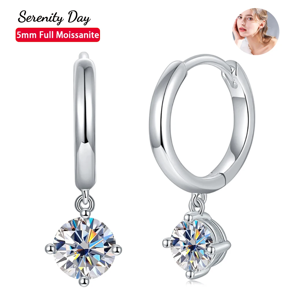 

Serenity Day Real D Color 5mm Full Moissanite Hoop Earring For Women 100% S925 Sterling Silver Plate Pt950 Stud Ear Fine Jewelry
