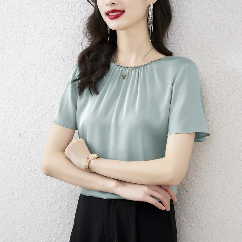 

Summer Satin Woman Tshirts Pink Short Sleeve Vintage Office Lady Tshirt SILK Streetwear Women Top