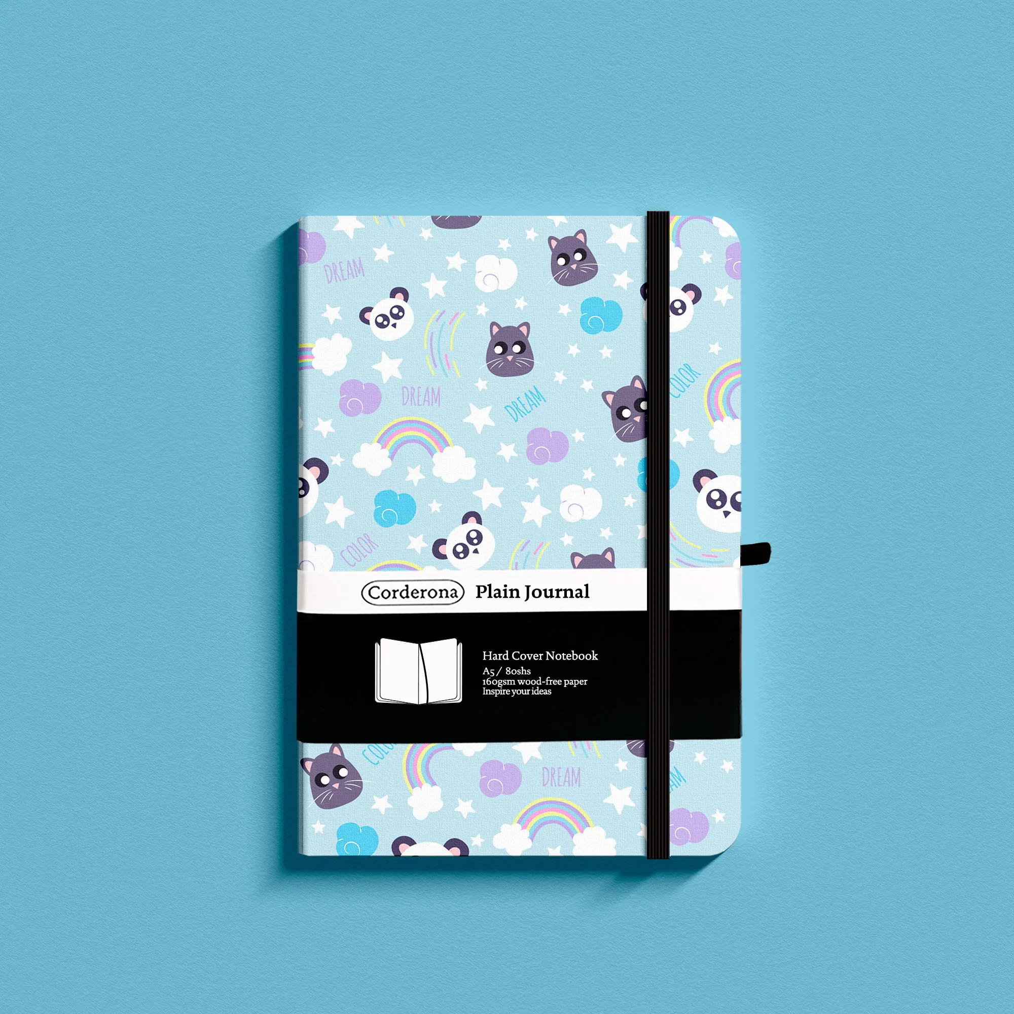 A5 160gsm Plain Notebook, Animals Doodle, Elastic Band, Pen Loop, Back Pocket, Hard Cover Blank Journal