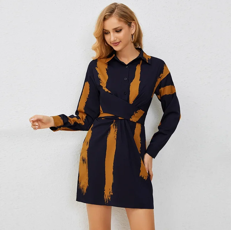 2024 новое женское платье с длинными рукавами утягивающее полосатое лацканами
