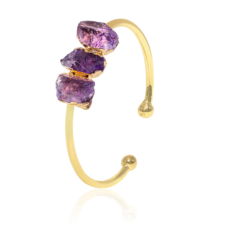 

Irregular Raw Amethyst Stone Bracelet for Women Handmade Open Cuff Bangle Jewelry with Gold Trim