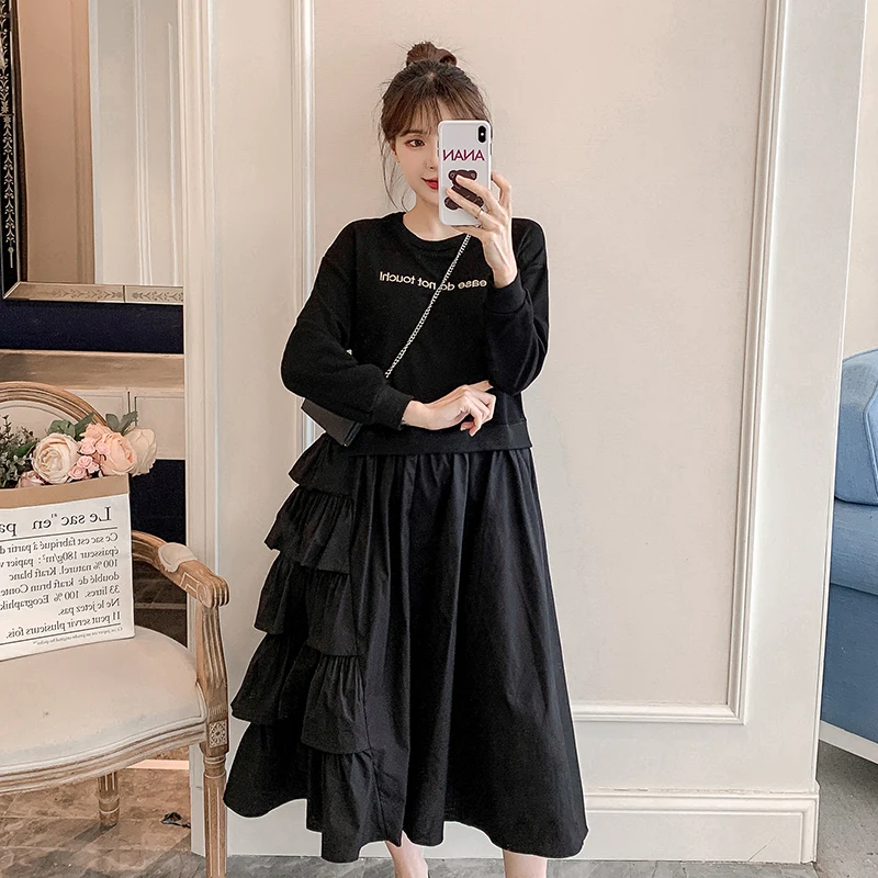 Весеннее женское свободное повседневное платье с круглым вырезом и длинными