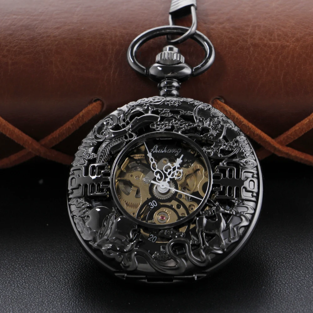 New Black Text Sculpture Mechanical Pocket Watch with Fob Chain Roman Digital Dial Fashion Pocket Watch Men's and Women's Gift