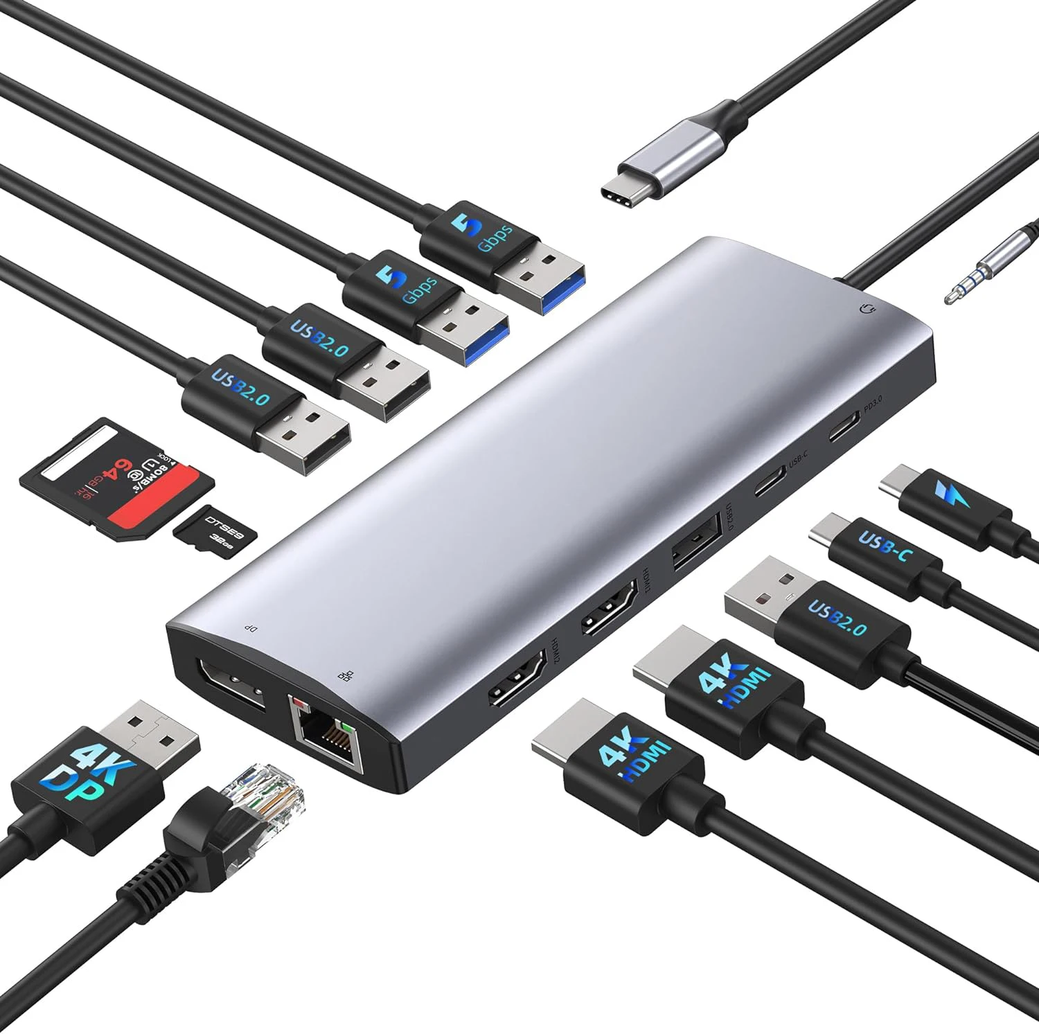 Док-станция USB C с двумя мониторами USB-хаб 14 в 1 USB-адаптер тройной монитор для