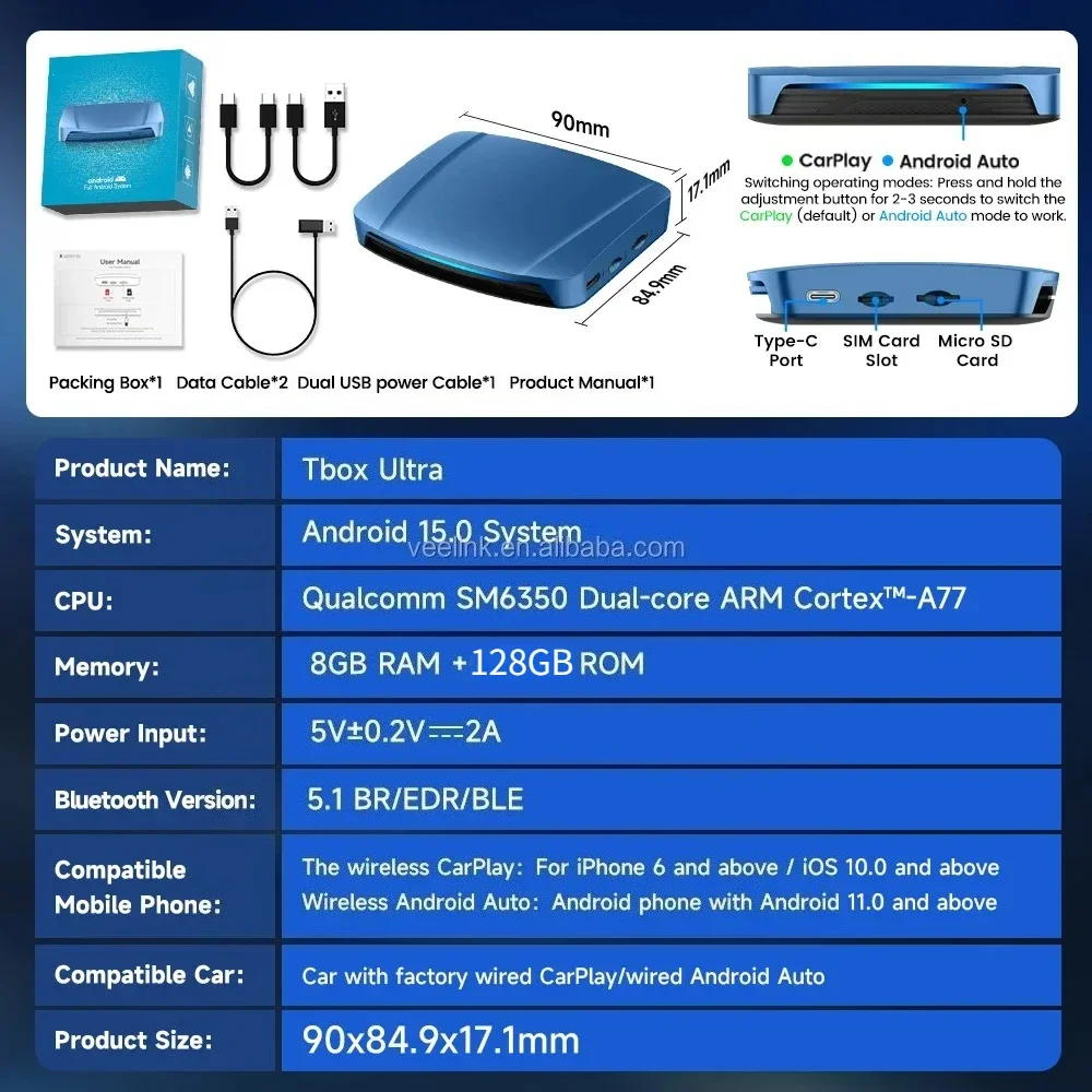 Фото В наличии: Carlinkit Ultra Android 15 Tbox Carplay Ai Box 8G 256GB 5G 2.4G 2160P SM6350 TV Box для беспроводного подключения CarPlay №5