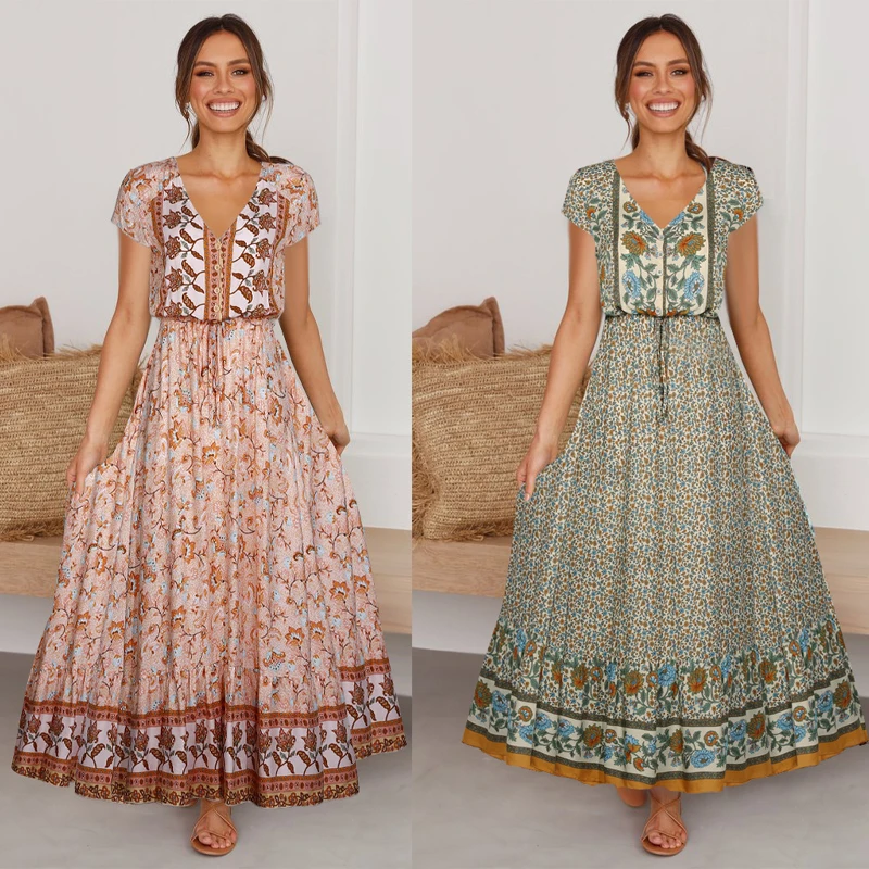 

Женское хлопковое платье в богемном стиле, неформальное платье с V-образным вырезом, короткими рукавами, пуговицами, цветочным принтом, для ...