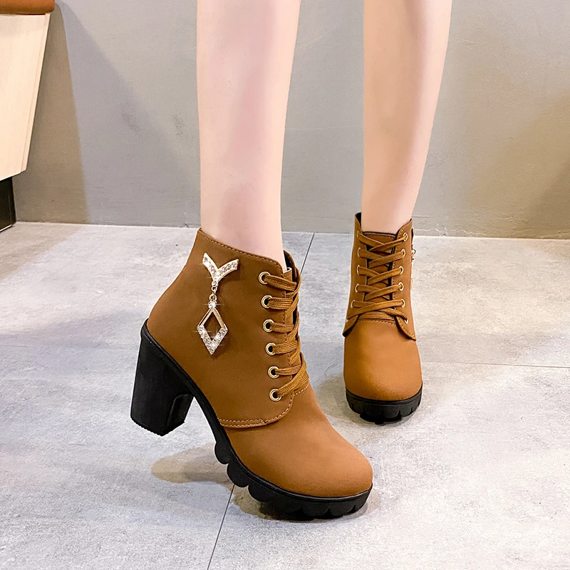 

Women's Nude Boots 2022 Spring Autumn New Women's High Heels Boots High Quality Lace Up Roman Style Women's Shoes 35-42