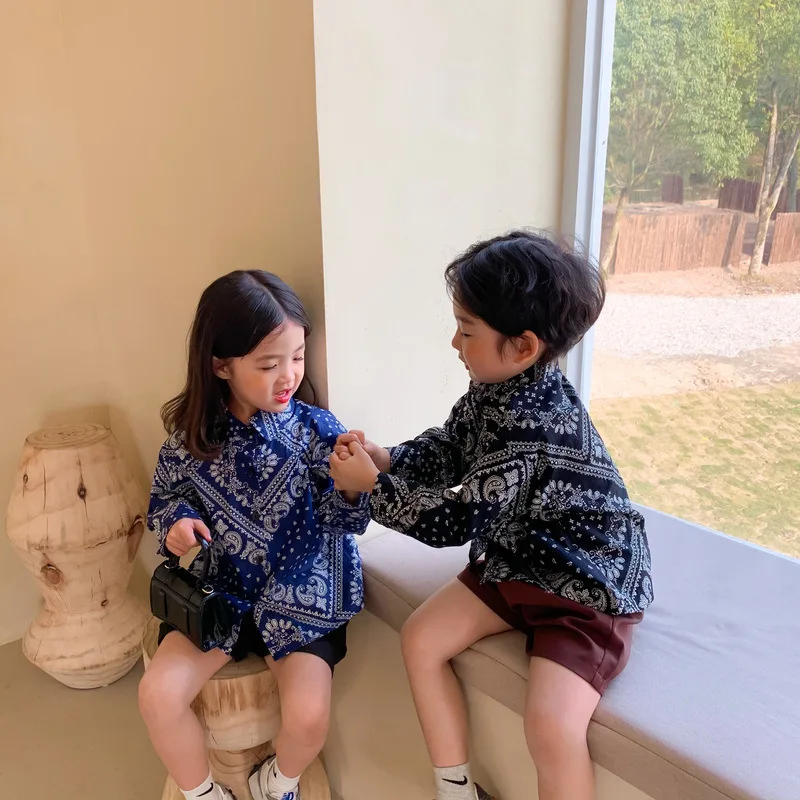 

Children Clothes Spring Autumn 2022 New Boys Girls Retro Shirts Baby Casual Fashion Coat Floral Turn Down Collar Kids Clothes