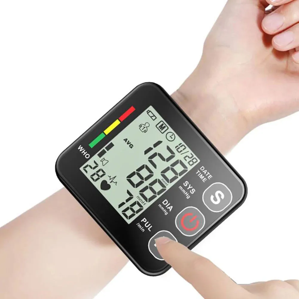 Monitor de presión arterial Digital con voz de muñeca, tonómetro médico automático de pulso, frecuencia cardíaca, Memoria esfigmomanómetro