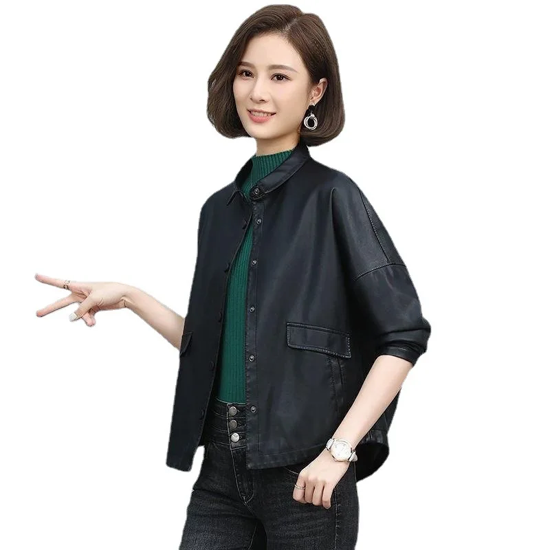 Leather Coat Women's Short 2022 Spring  Autumn Korean Casual Loose Coat Women Basic Botton Short Leather Clothes Elegant Lady