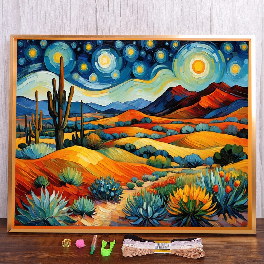 Starry Night Pre-Printed 11CT Cross-Stitch Embroidery Full Kit DMC Threads Sewing Handiwork Needlework Hobby Needle Design Gift