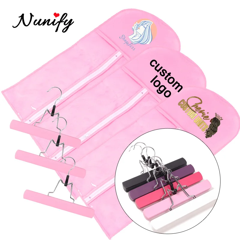 5Sets Custom Hair Packaging With Wooden Hanger Personalized Brand Wig Bags Organizer Hanger With Zip Up Closure Wig Storage Bag