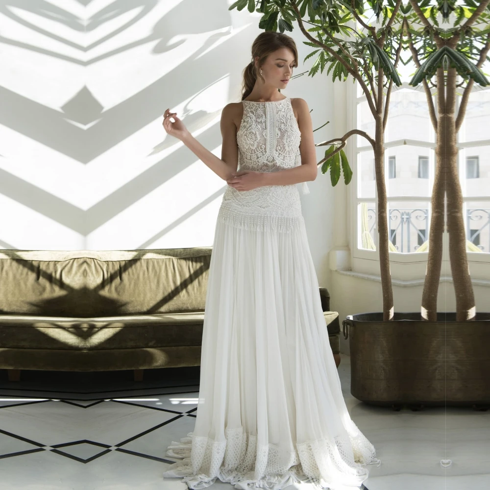 

Qcenkeren Wedding Dresses Scoop Neckline Lace Chiffon Women Bridal Gowns Israel Boho vestido de novia civil
