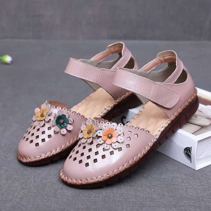 

leather mary Janes womans sandals closed toe summer shoes women flower strappy sandals hollow out shoes mom comfortable sandals
