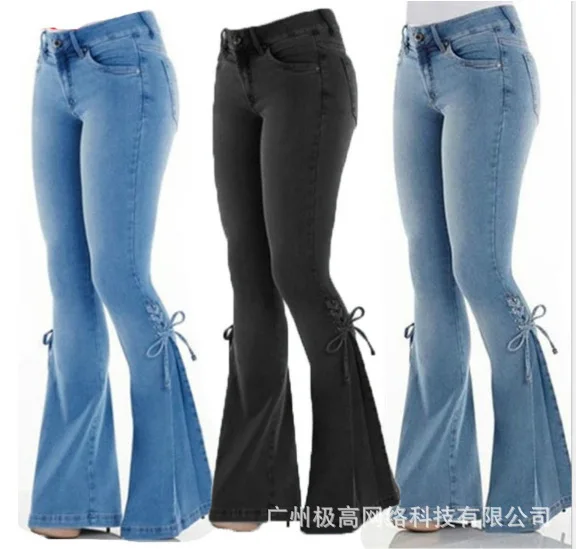 2023 Spring New, Casual Women's Jeans Mid-waist Lace-up Stretch Pants Women's Flared Jeans
