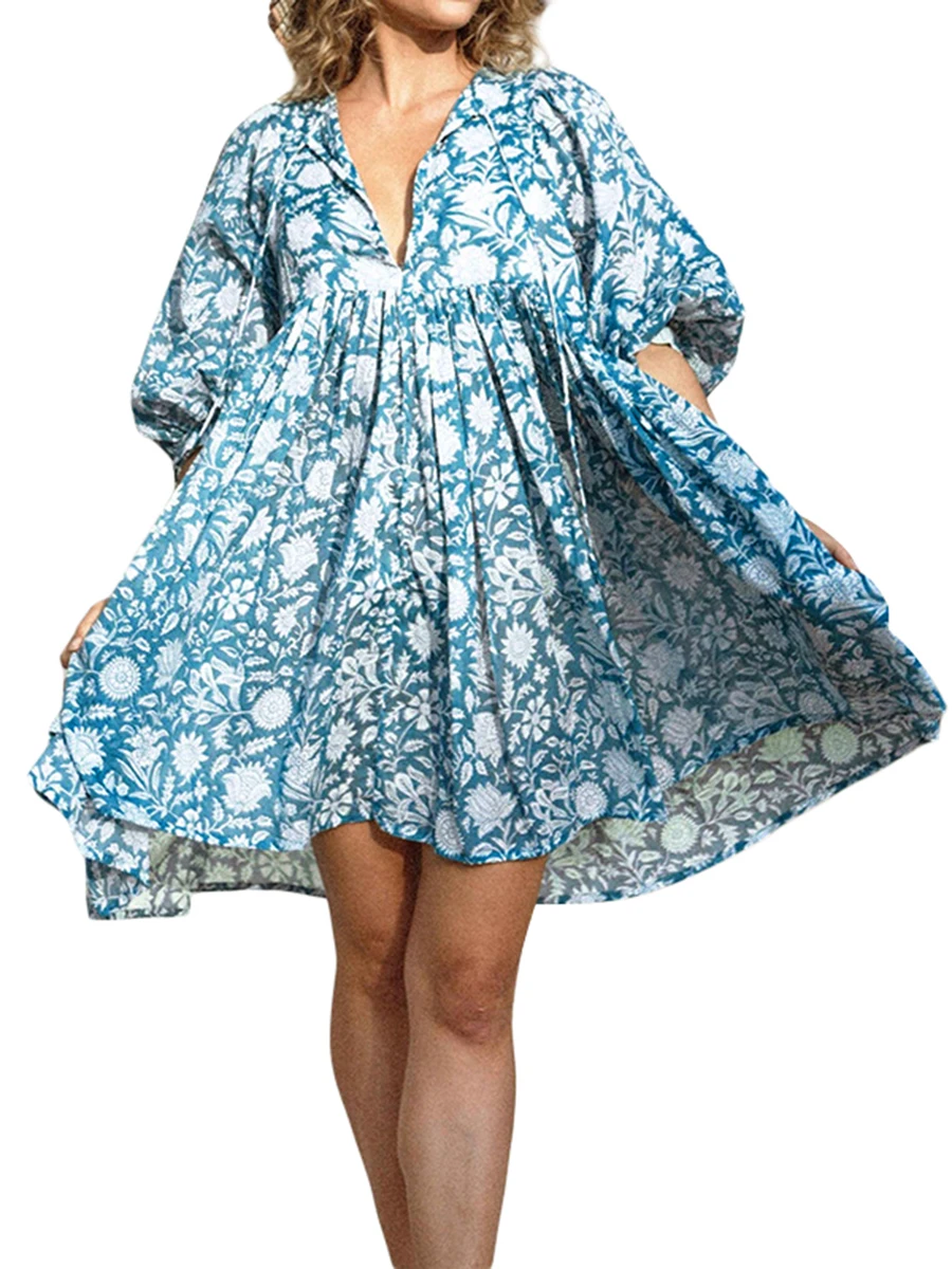 

Women Bohemian Floral Billowing Sleeves Tie Neckline Boho Midi Dress Tiered Flowy Beach Summer Long Dress