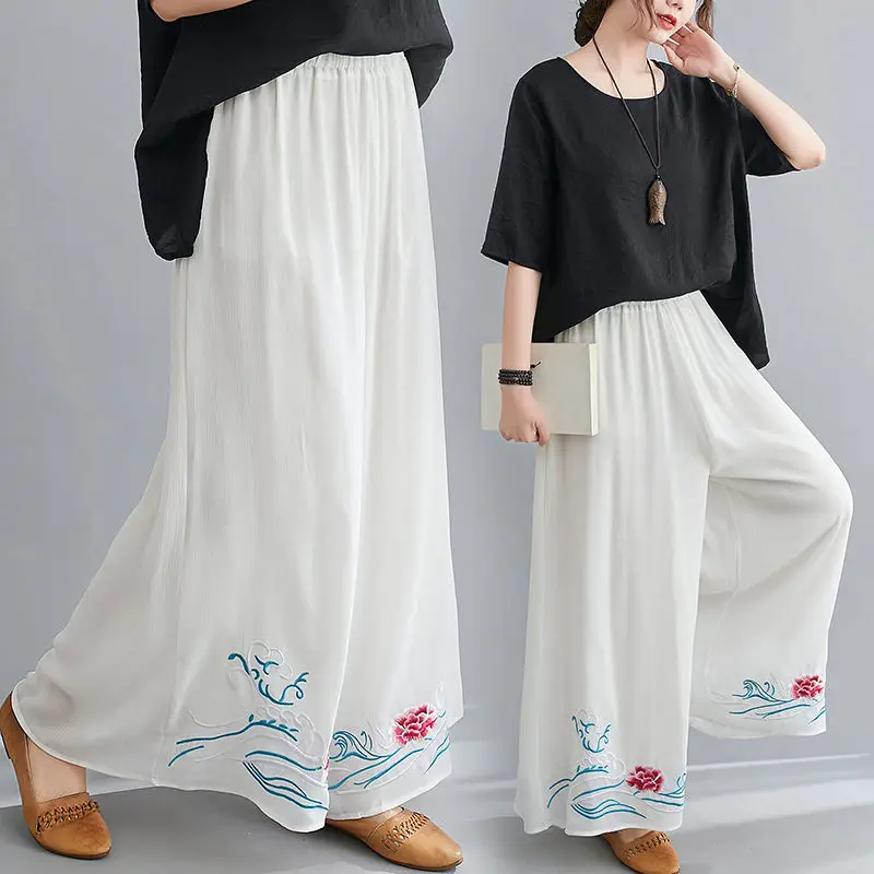 

2022 Spring Summer Embroidered Retro Ethnic Style Loose Large Size Double-Layer Wide-Leg Pants Elegant Nine Point Trousers h1466