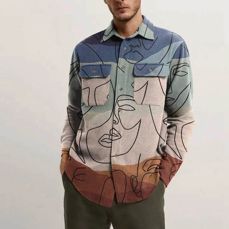 2022 Men's Lapel Print Shirts Fall Fashion Outerwear Shirts Unique Button Street Long Sleeve Shirts Men's Casual High Quality