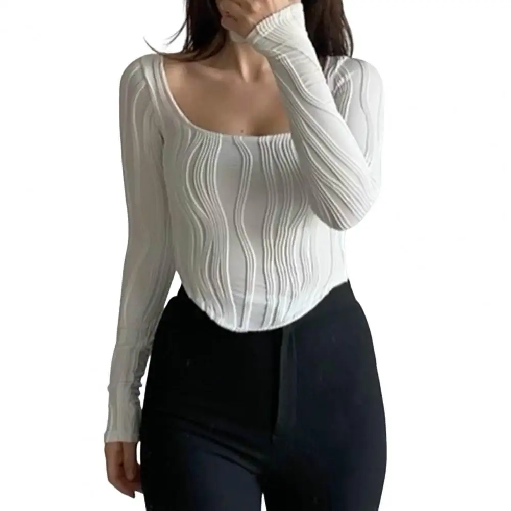 

Women Blouse Solid Color Skinny Top Simple Pleated Striped Women Short Blouse