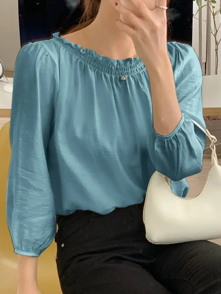 

VONDA Y2K Oversized Women Fashion Chemise O-Neck 3/4 Sleeve Ruffled Puff Sleeve Blouses Female Casual Solid Pleated Blusas Tops