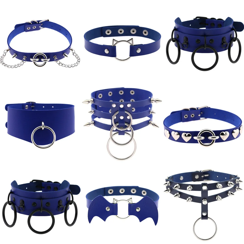 

Harajuku Blue Leather Necklaces for Women Egirls Choker Punk Slavery Sexy Collar Stainless Steel Tassle Chains Gothic Jewelry